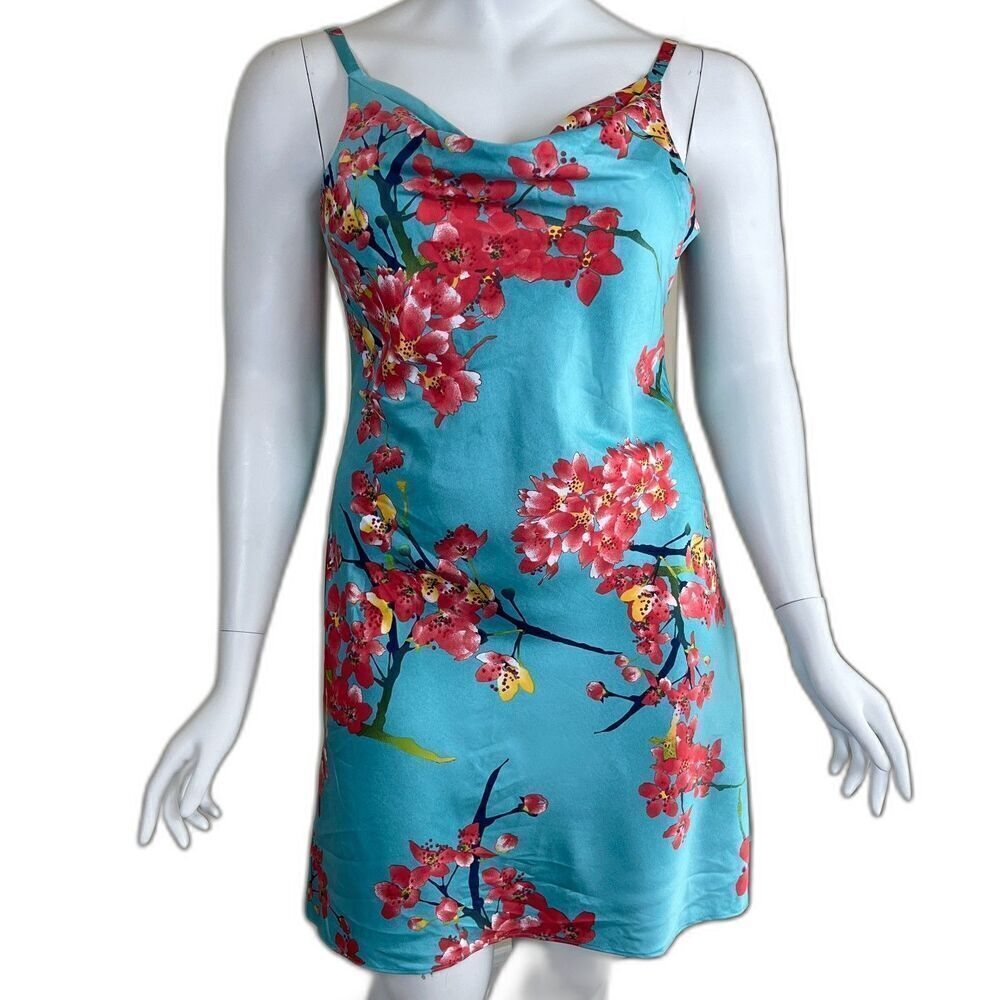 Natori Women's Size XL Blue Satin Floral Sunset Blossom Chemise Cowl Slip Dress